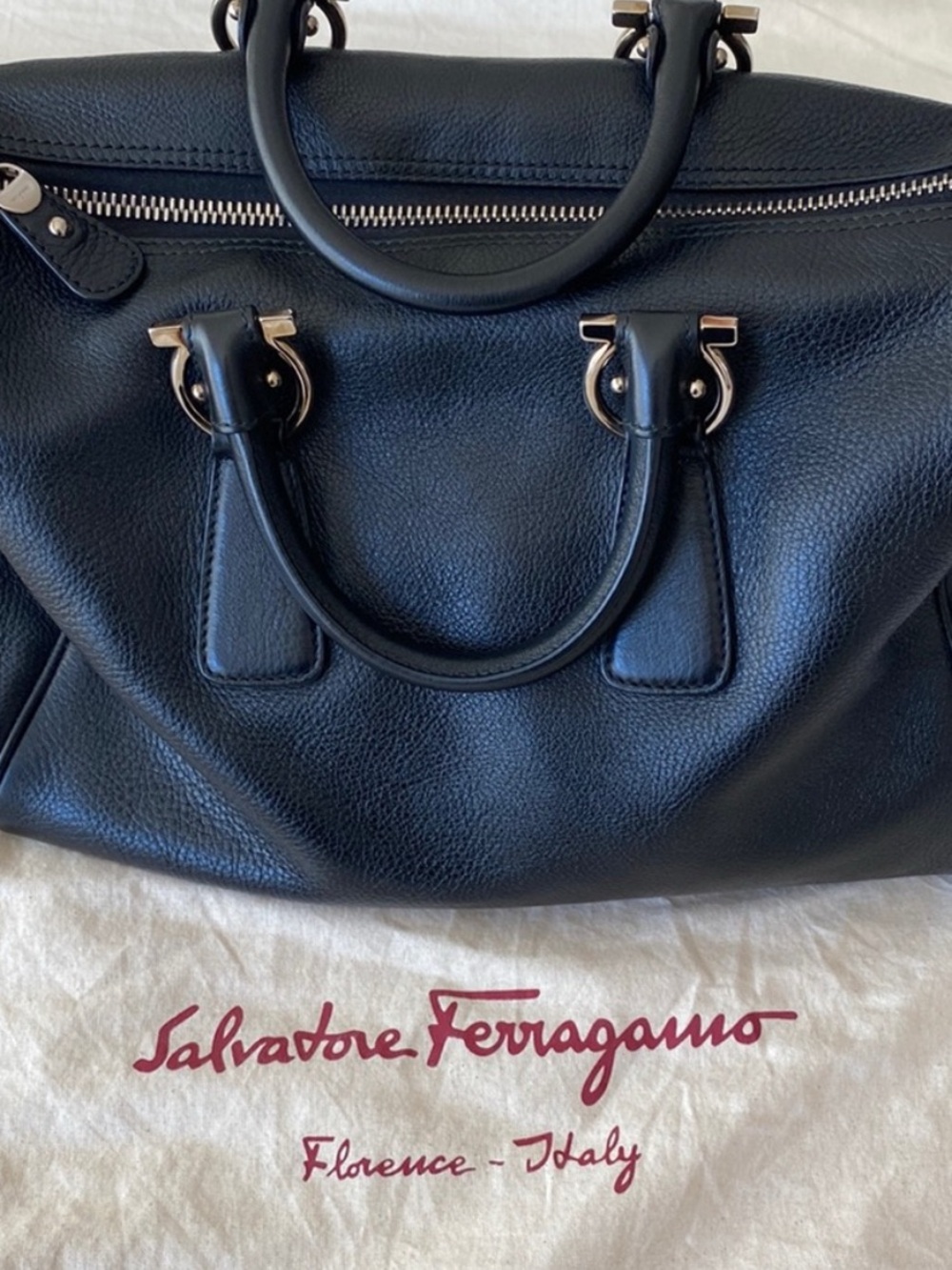 Salvatore Ferragamo Black Pebbled Leather Top-Handle Satchel
